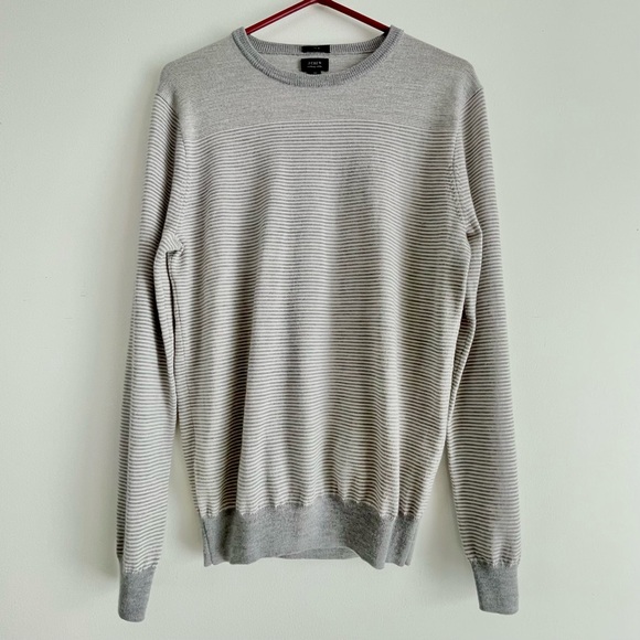 J. Crew Merino Wool Slim Fit Sweater Men’s Size M Light Gray Stripped Crew Neck - Picture 1 of 8